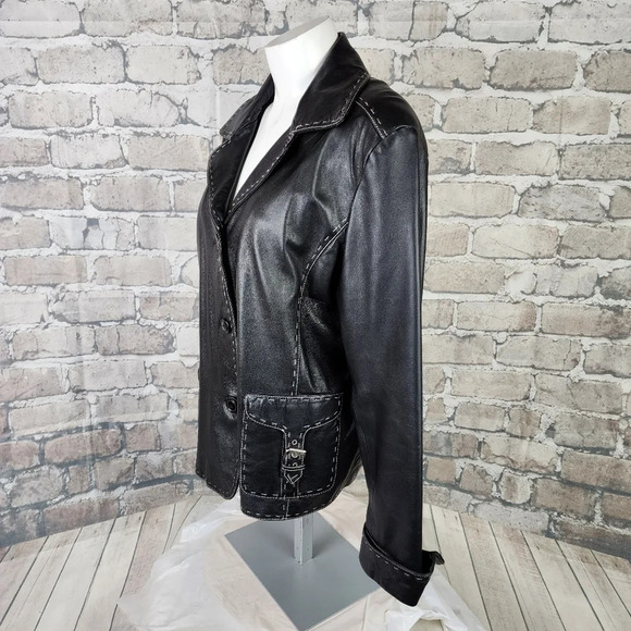 Danier Black Leather Jacket Moto Style Buckle Flap Pockets XL Super Soft - Picture 7 of 14